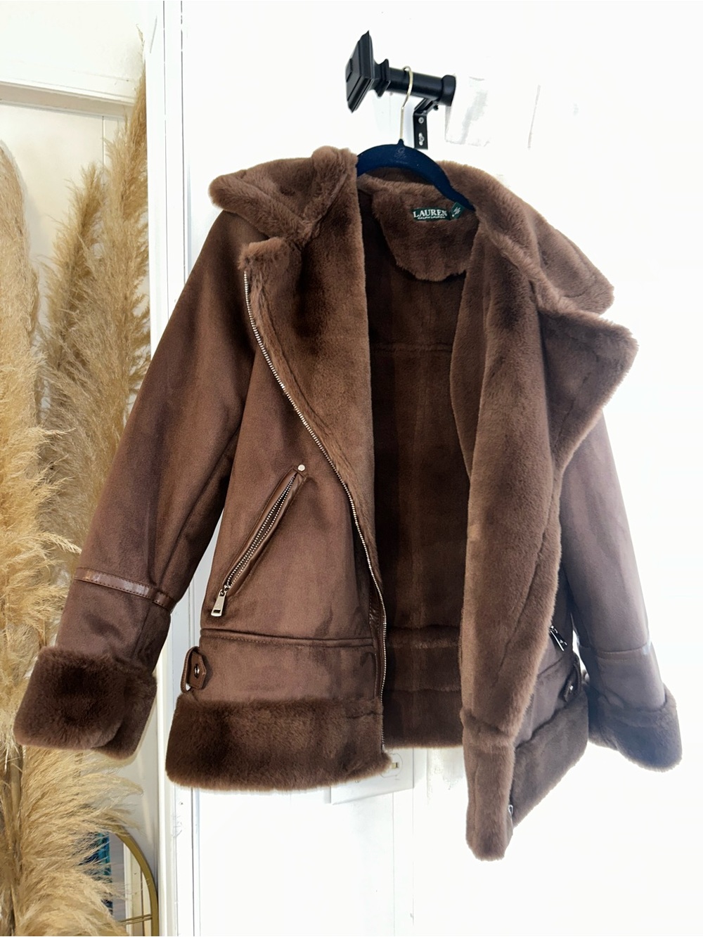 Lauren Ralph Lauren Brown Faux Suede Shearling Moto Jacket - Picture 6 of 9
